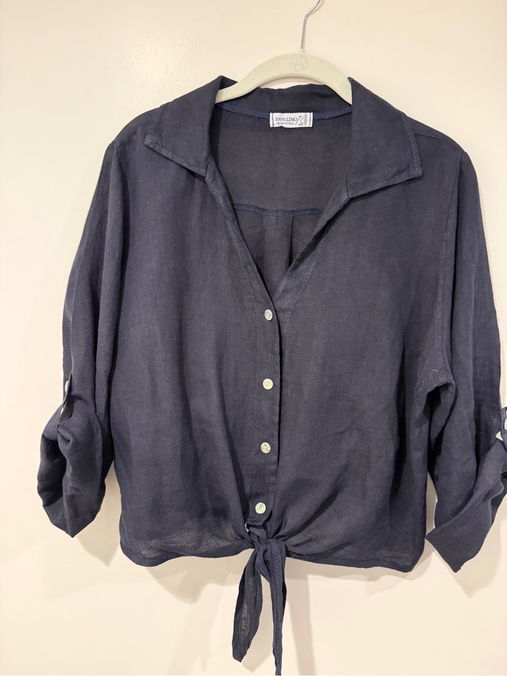 Italian Linen Tie-Front Button Shirt - Navy